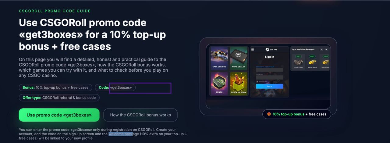 CSGORoll registration screen with the referral / promo code field highlighted
