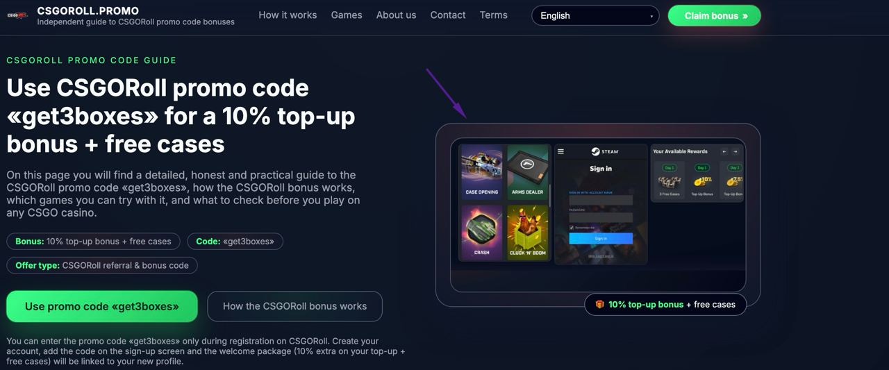 CSGORoll promo code field filled in with the GETBOX code